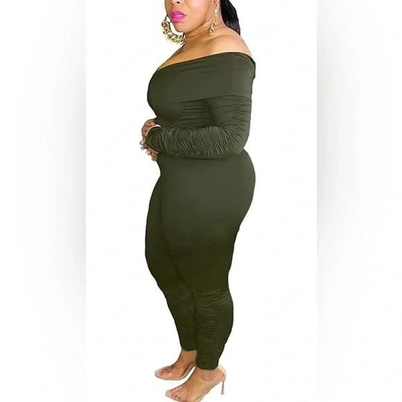 Womens Plus Size Sexy Off Shoulder Solid Color Ruched Bodycon Jumpsuits - Picture 3 of 8
